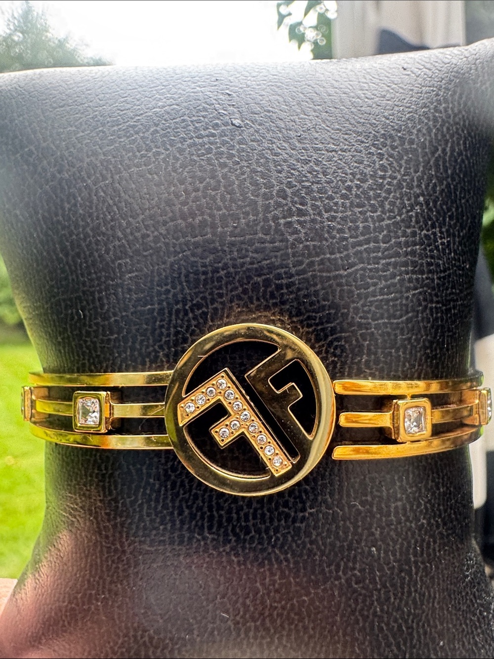 Gold-Tone Logo Cuff Bracelet with Crystal Accents